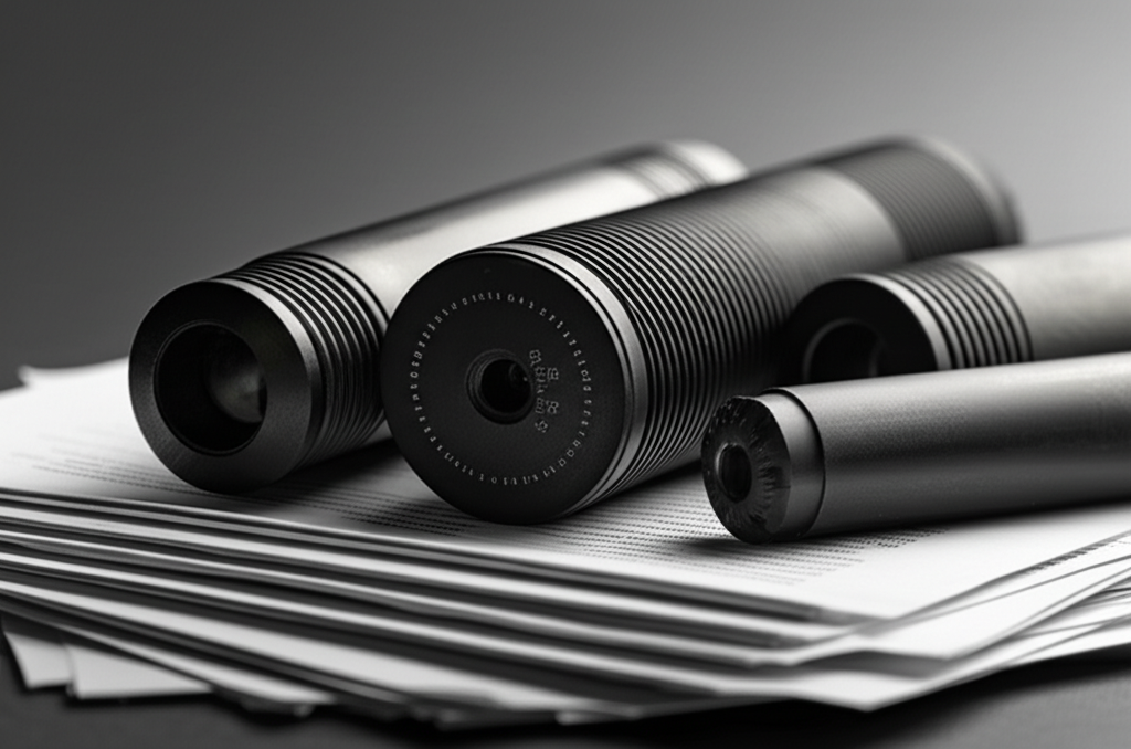 A few suppressors sitting on top of a stack of legal documents